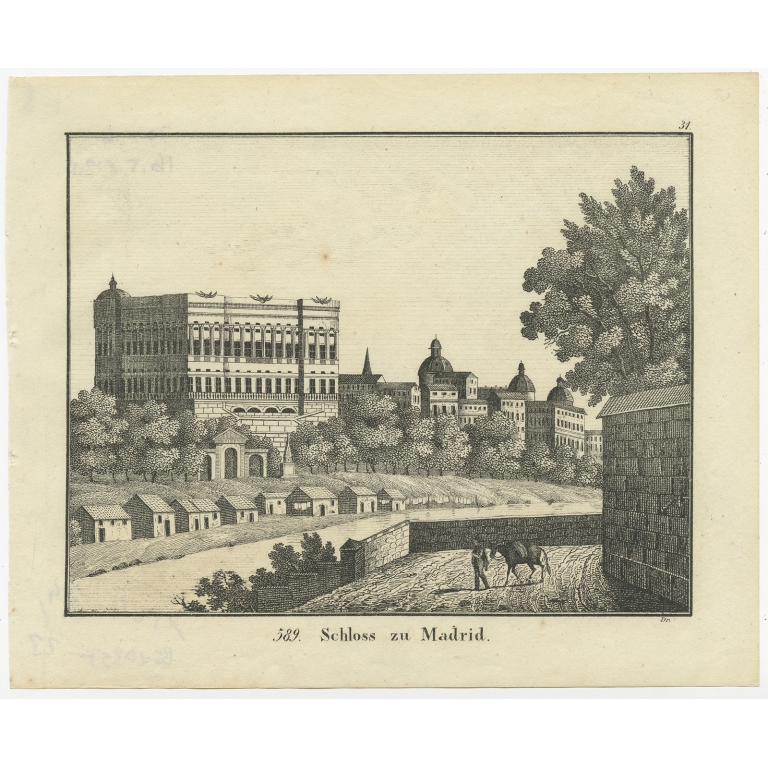 Antique Print of a Castle in Madrid (c.1830)
