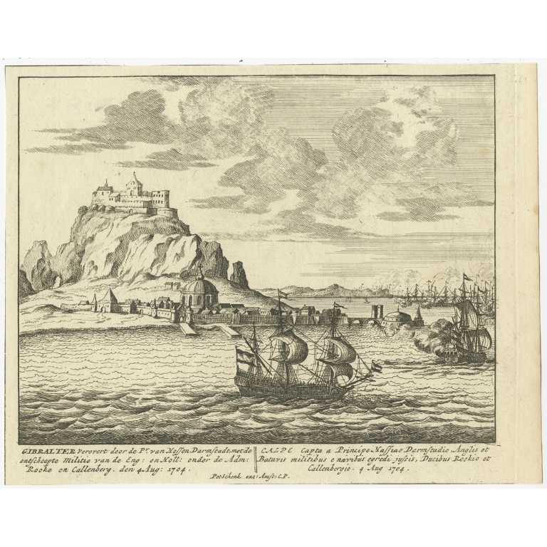 Antique Print of Gibraltar by Schenk (c.1720)