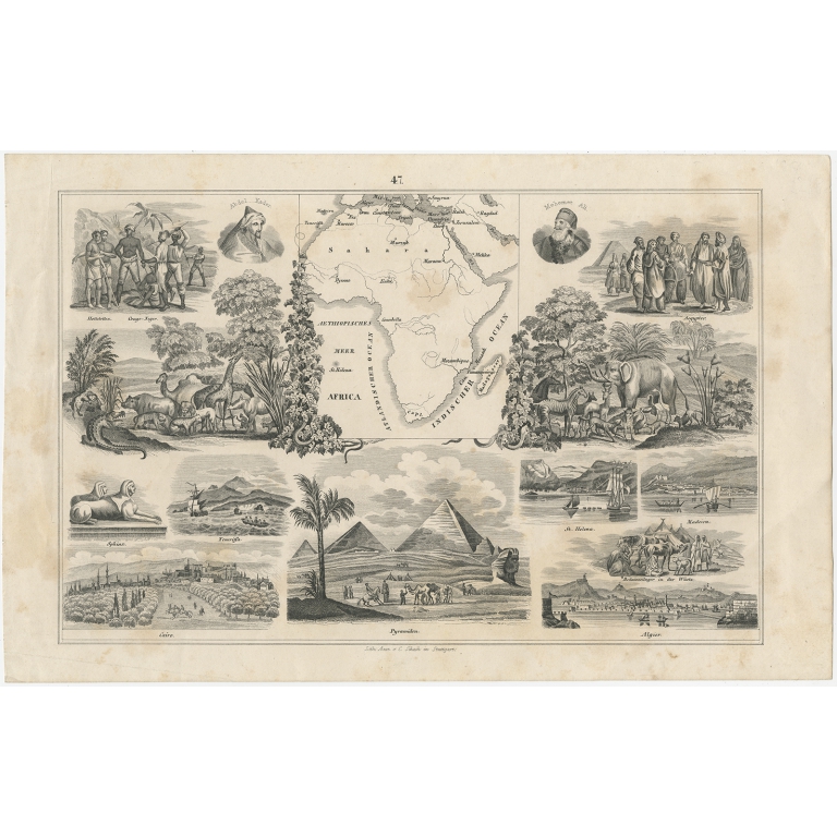 Antique Map and multiple Views of Africa by Schach (c.1845)