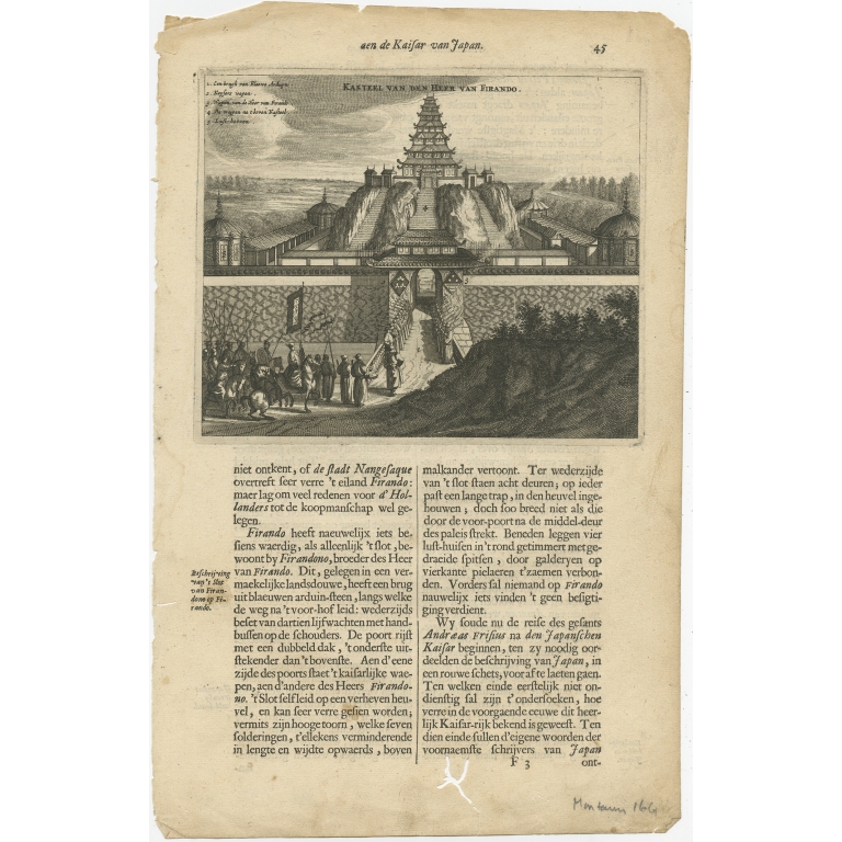 Antique Print of the castle of the Shogun of Firando by Montanus (1669)