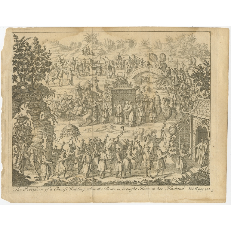 Antique Print of the Procession at a Chinese wedding (c.1740)