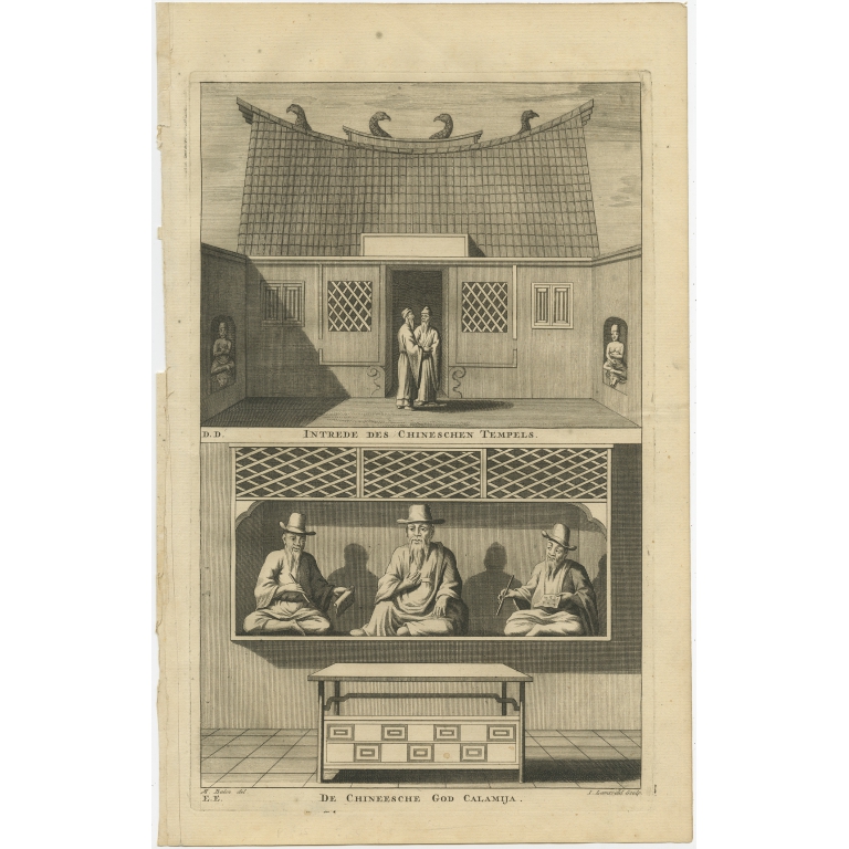Antique Print of a Chinese Temple and Chinese deity Calamija by Valentijn (1726)