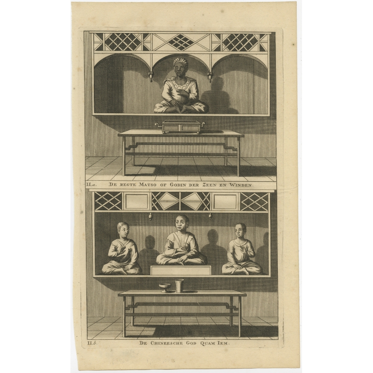 Antique Print of a Chinese Temple and Chinese deity Calamija by Valentijn (1726)
