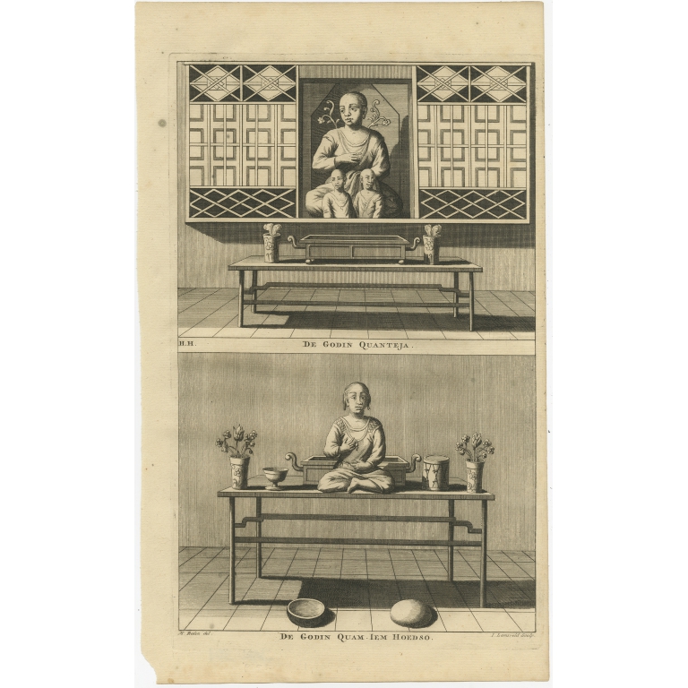Antique Print of female Deities of Chinese Buddhism by Valentijn (1726)