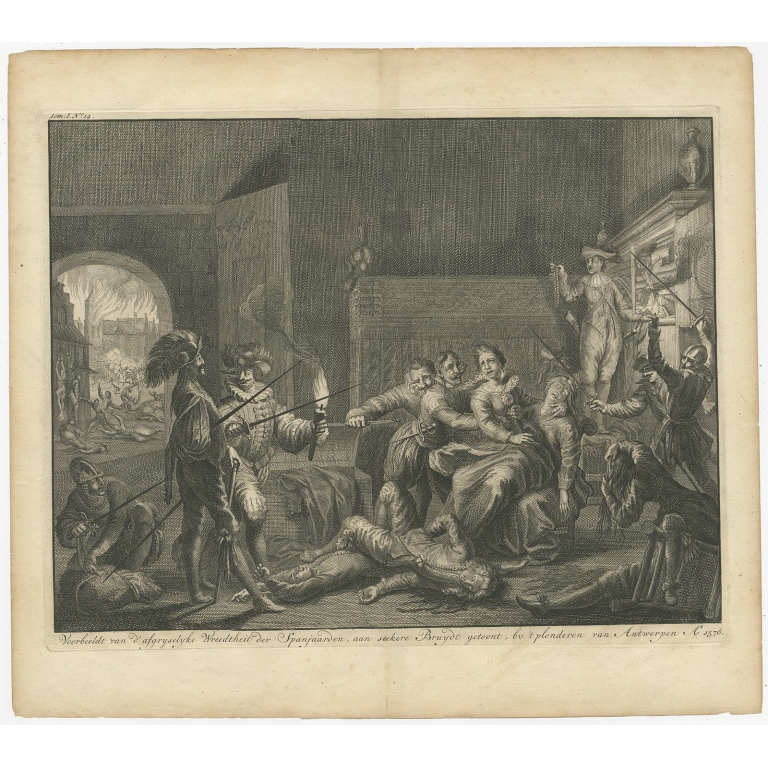 Antique Print of the Cruelty of the Spaniards in Antwerp by Le Clerc (c.1730)