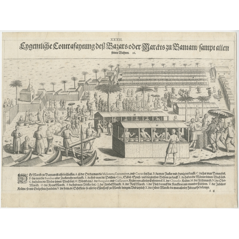 Antique Print of a Market in Banten by De Bry (1599)