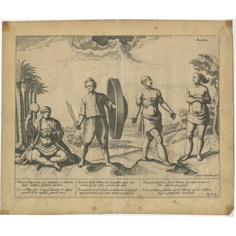 Antique Print of Natives of Southern Asia by Linschoten (c.1605)