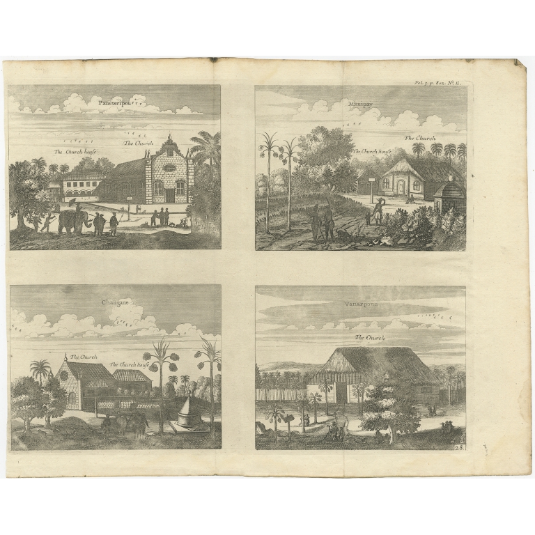 Antique Print of various Churches on Ceylon by Churchill (1704)