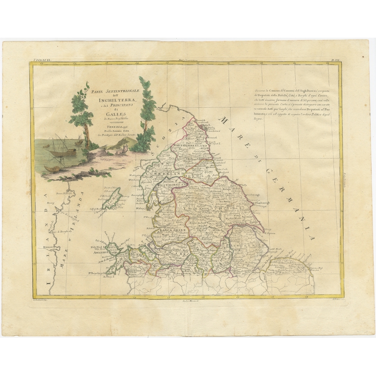 Antique Map of Northern England and Wales by Zatta (1784)
