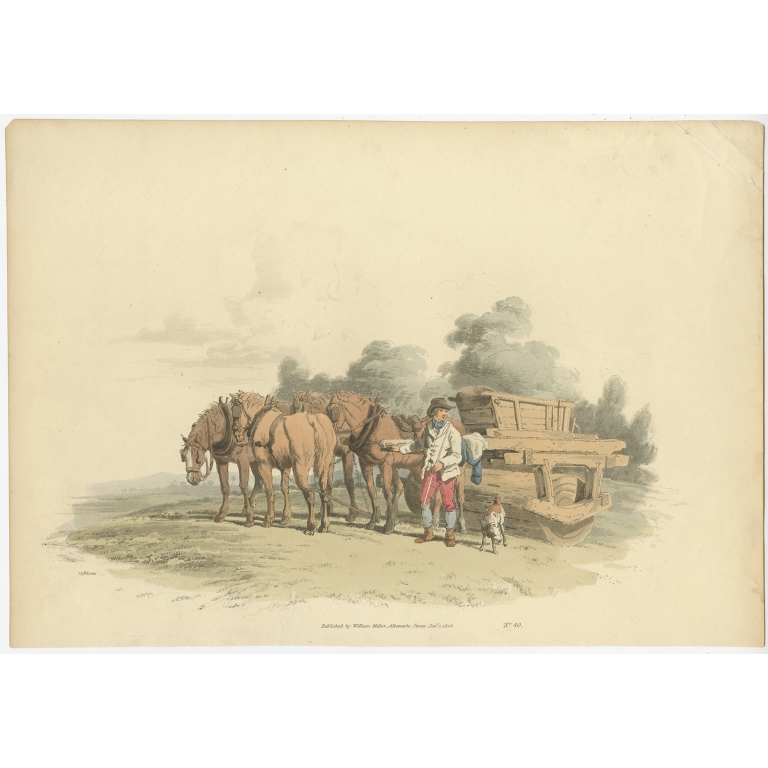 Antique Print of a Waggon drawn by four Horses by Miller (1805)