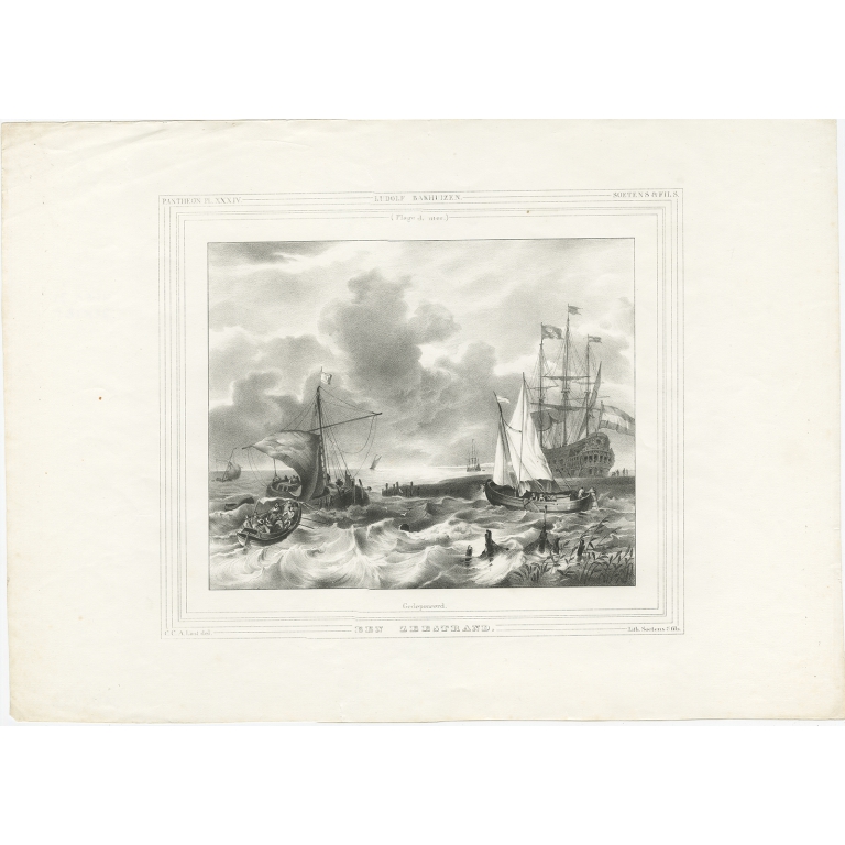 Antique Print of a Ship at Sea by Soetens & Fils (c.1840)
