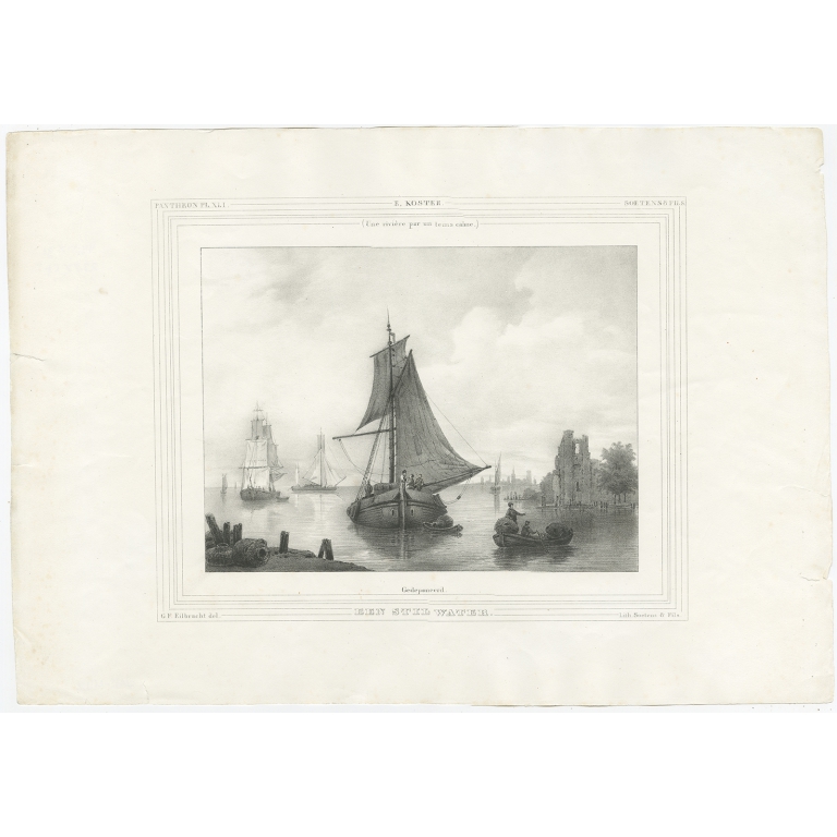 Antique Print of Ships near the Harbor by Soetens & Fils (c.1840)