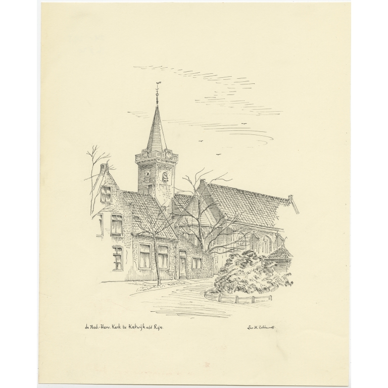 Vintage Pen Drawing of the Church of Katwijk aan den Rijn by Zeldenrust (c.1950)