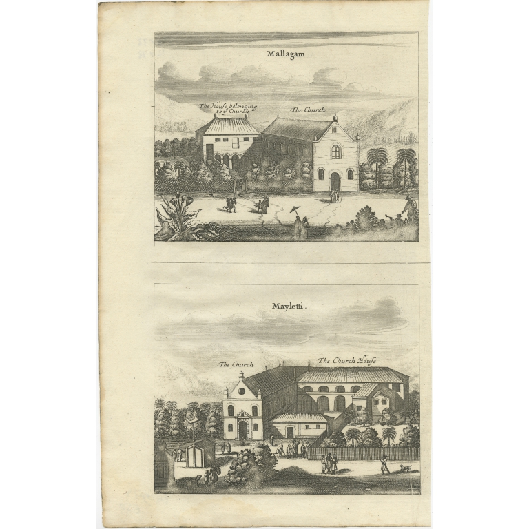 Antique Print of the Churches of Mallagam and Mayletti by Churchill (1704)