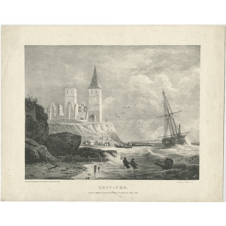 Antique Print of the Village of Reculver by Hullmandel (1822)