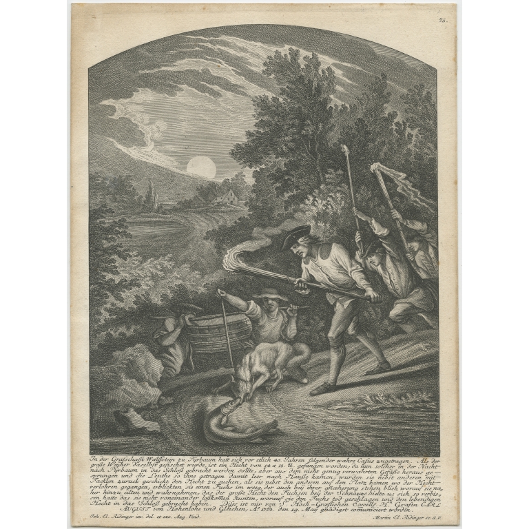 Antique Print of Pike Hunting by Ridinger (1768)