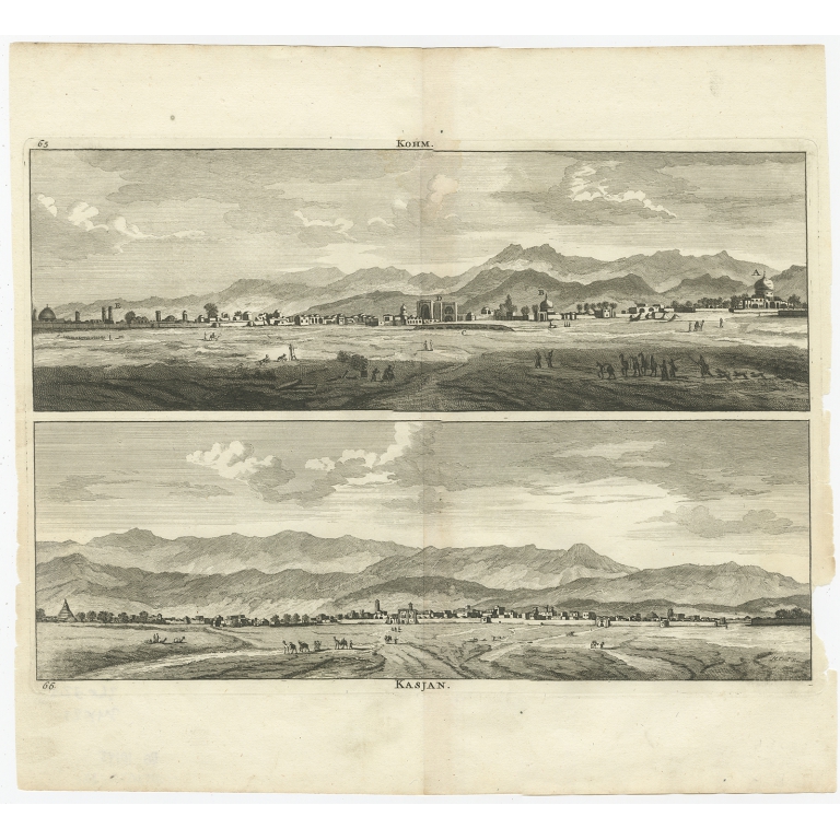 Antique Print with views of Qom and Kashan by De Bruyn (1711)