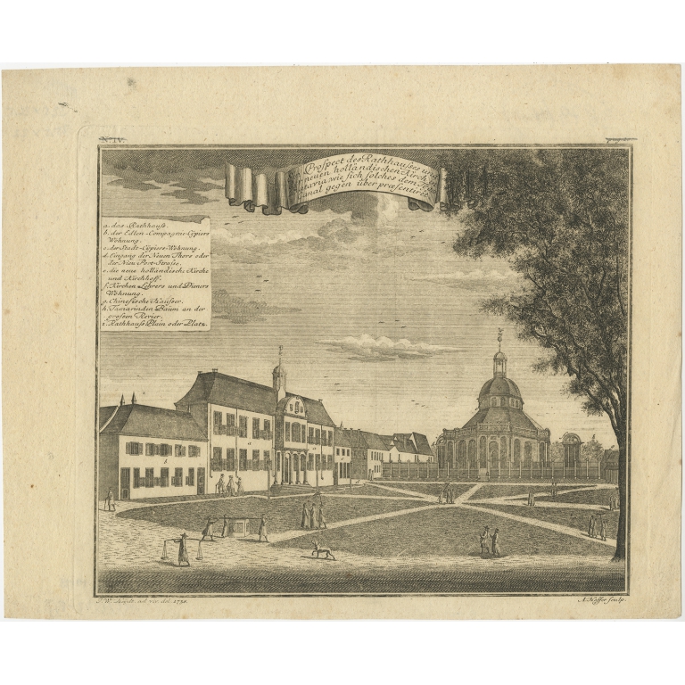 Antique Print of the Town Hall and Church of Batavia by Heydt (c.1740)