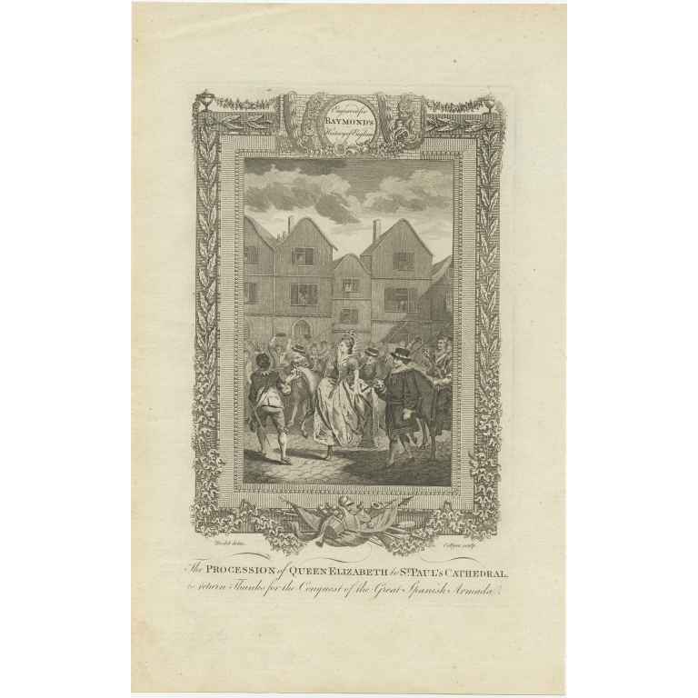 Antique Print of the Procession of Queen Elizabeth by Raymond (c.1787)