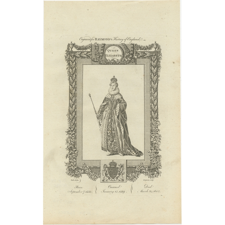 Antique Print of Queen Elizabeth by Raymond (c.1787)