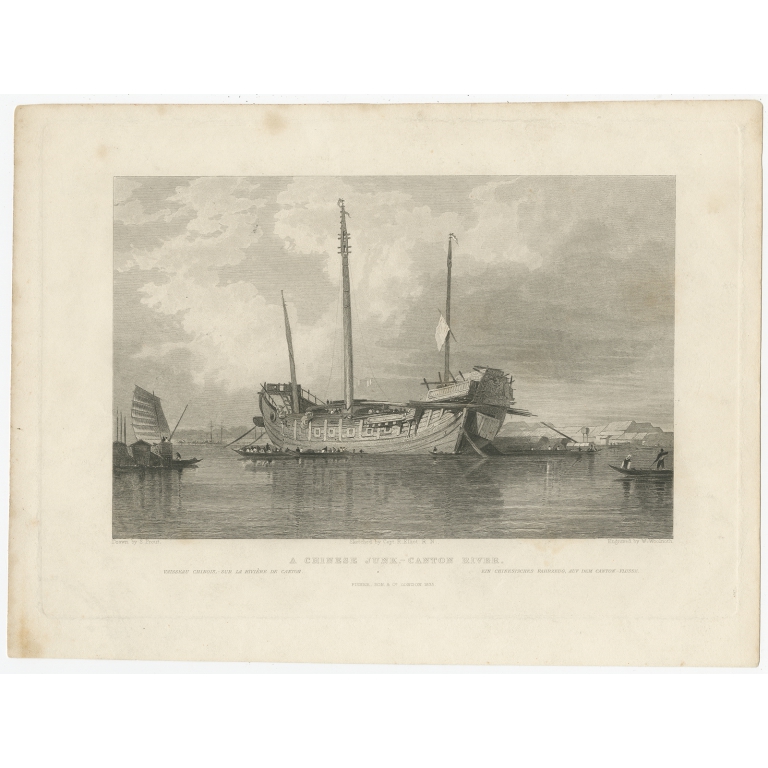 Antique Print of a Chinese Ship by Elliot (1833)