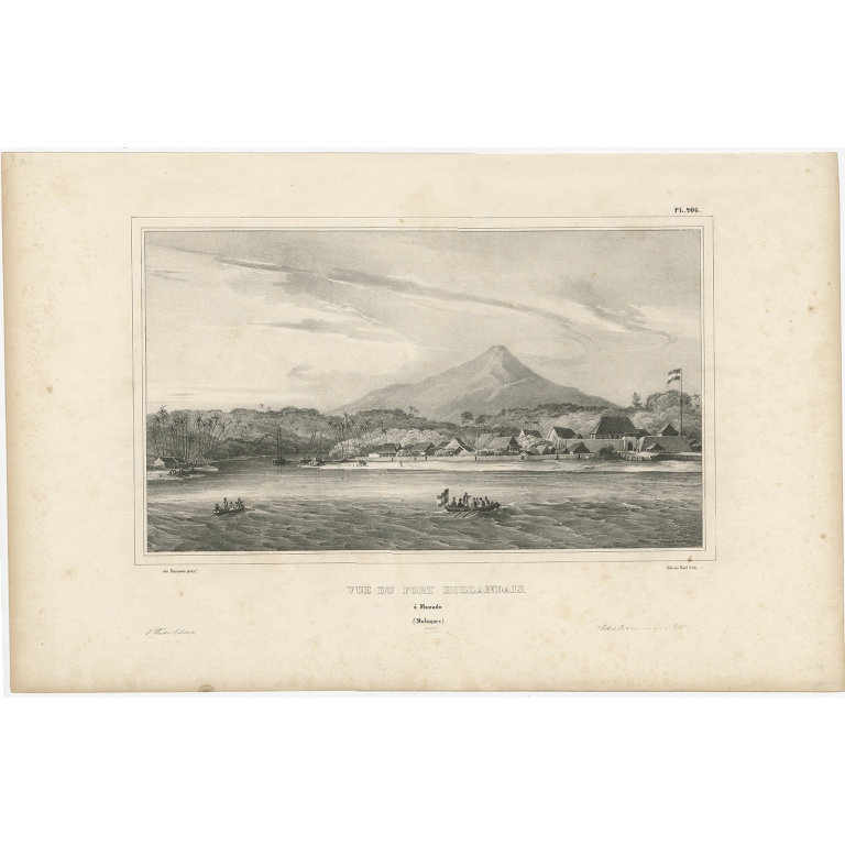 Antique Print of a Dutch Fortress in Manado Bay by D'Urville (1833)