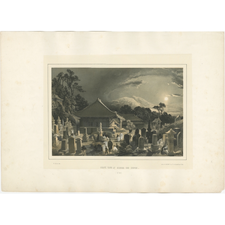 Antique Print of a Graveyard in Shimoda by Heine (1856)