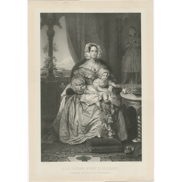 Antique Portrait of Princess Marie of Orleans and her Son by Grevedon (1844)
