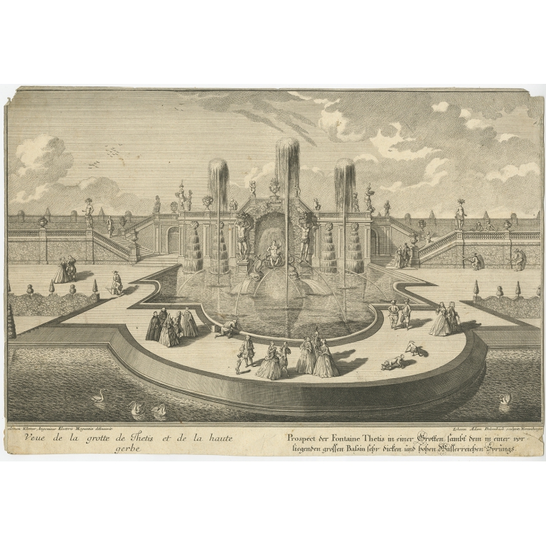 Antique Print of a Fountain by Delsenbach (c.1730)