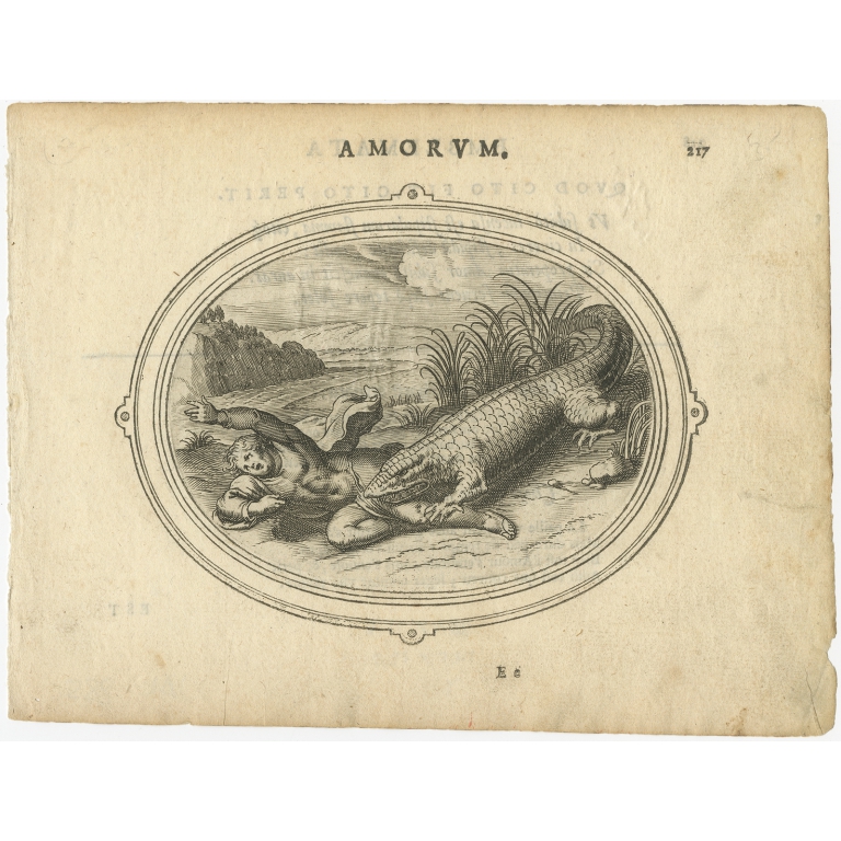 Antique Print of Cupid and a Crocodile by Van Veen (1608)