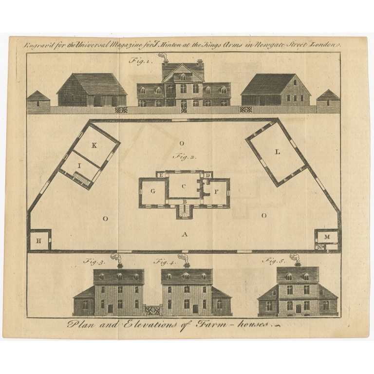 Antique Print of Farmhouses (1752)