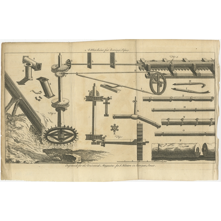 Antique Print of a Machine for boring Pipes (c.1760)