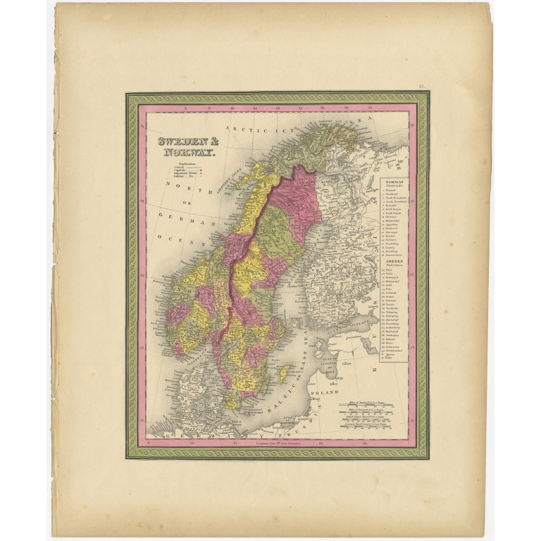 Antique Map of Sweden and Norway by Mitchell (1846)