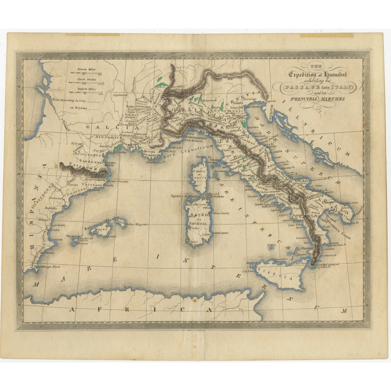 Antique Map of Hannibal's Expeditions in Italy (c.1830)