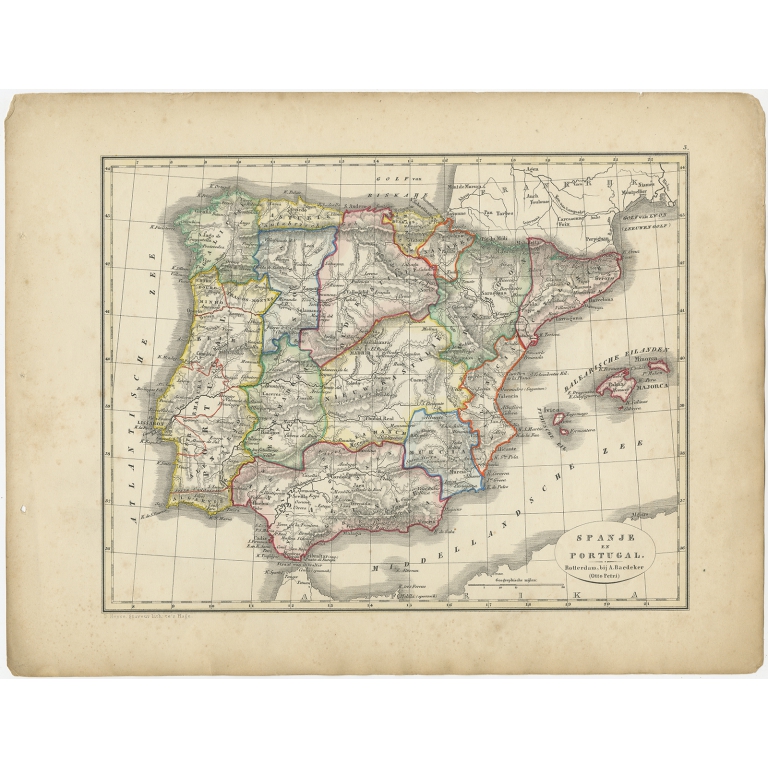 Antique Map of Spain and Portugal by Petri (1852)