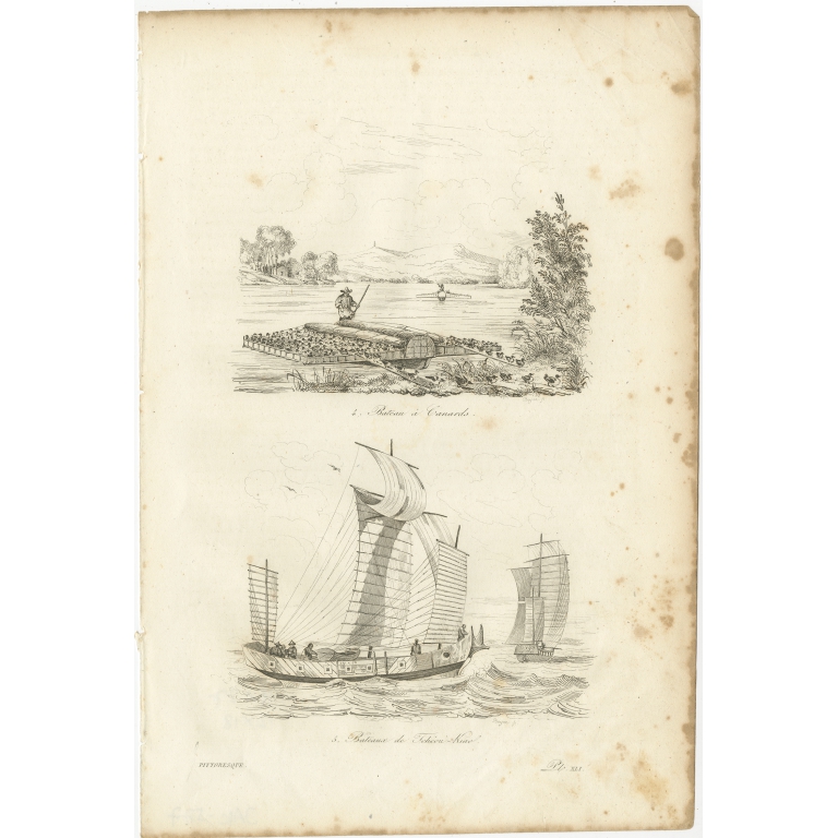 Antique Print of a Boat with Ducks and Jiaozhou Boats by Dumont d'Urville (1834)
