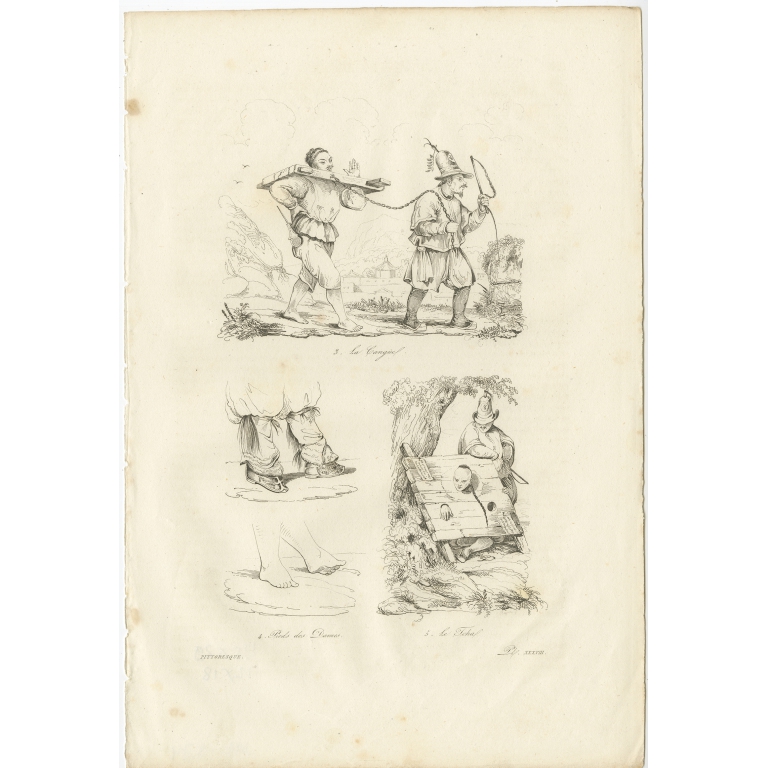 Antique Print of Cangue or Tcha Punishment by Dumont d'Urville (1834)