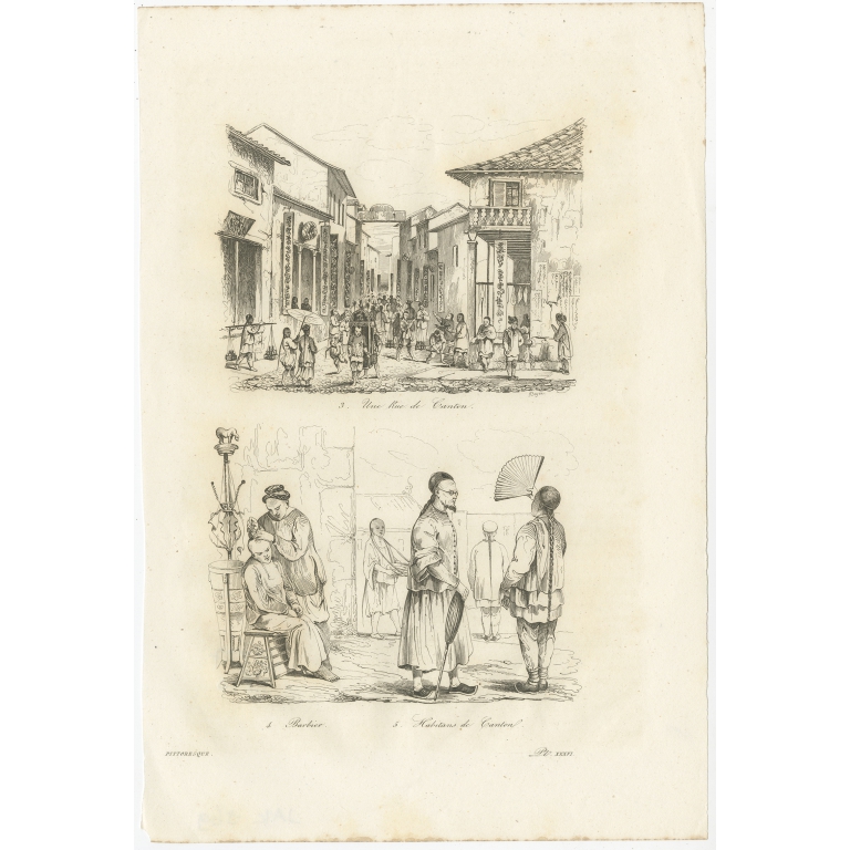 Antique Print of a Street and Inhabitants of Guangzhou by Dumont d'Urville (1834)