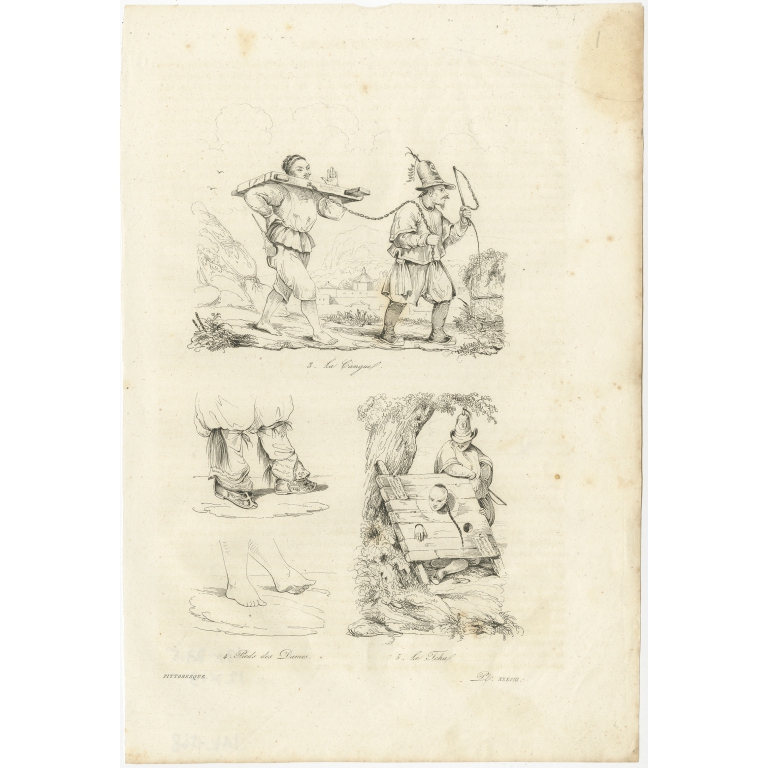 Antique Print of Cangue or Tcha Punishment by Dumont d'Urville (1834)