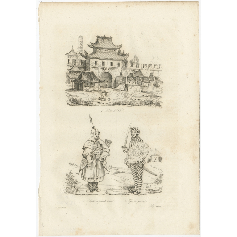 Antique Print of a Chinese Village and Chinese Soldiers by Dumont d'Urville (1834)