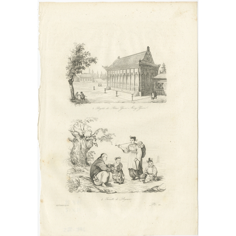 Antique Print of the Imperial Palace at Yuen-Ming-Yuen and a Chinese family by Dumont d'Urville (1834)