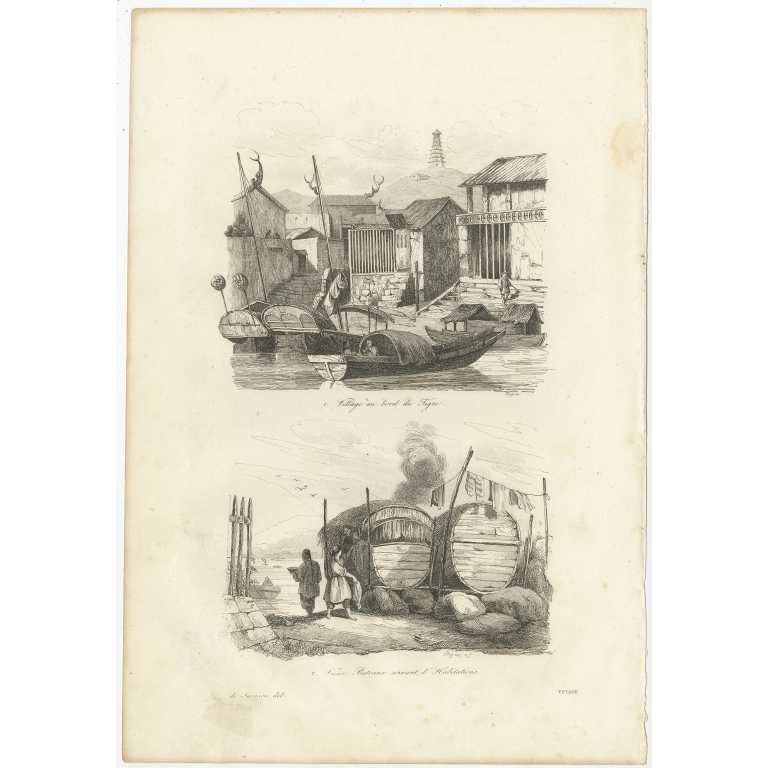 Antique Print of Chinese Boats and a Chinese Village by Dumont d'Urville (1834)