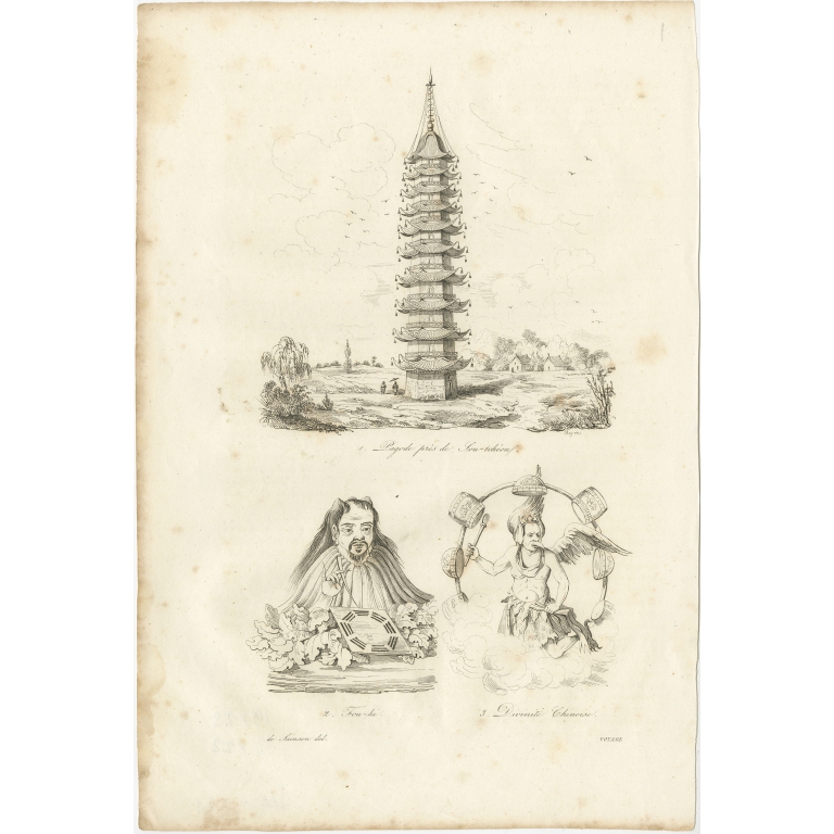 Antique Print of a Chinese Pagoda and Chinese Deities by Dumont d'Urville (1834)