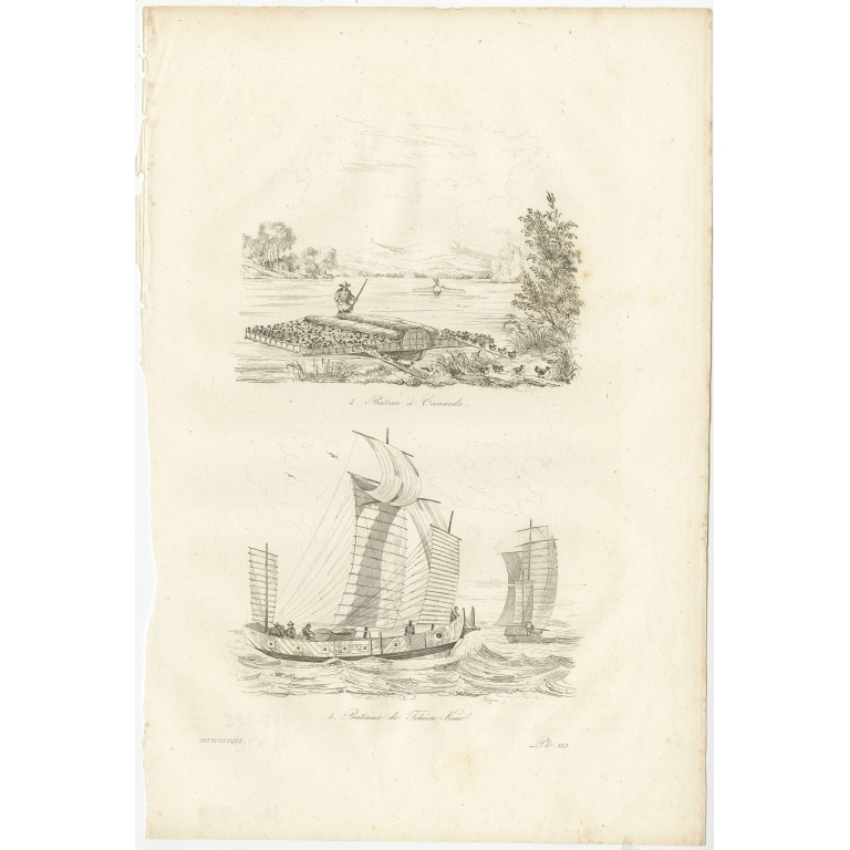 Antique Print of a Boat with Ducks and Jiaozhou Boats by Dumont d'Urville (1834)
