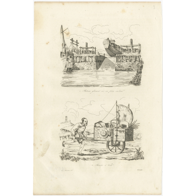 Antique Print of a Chinese Boat and Wheelbarrow by Dumont d'Urville (1834)