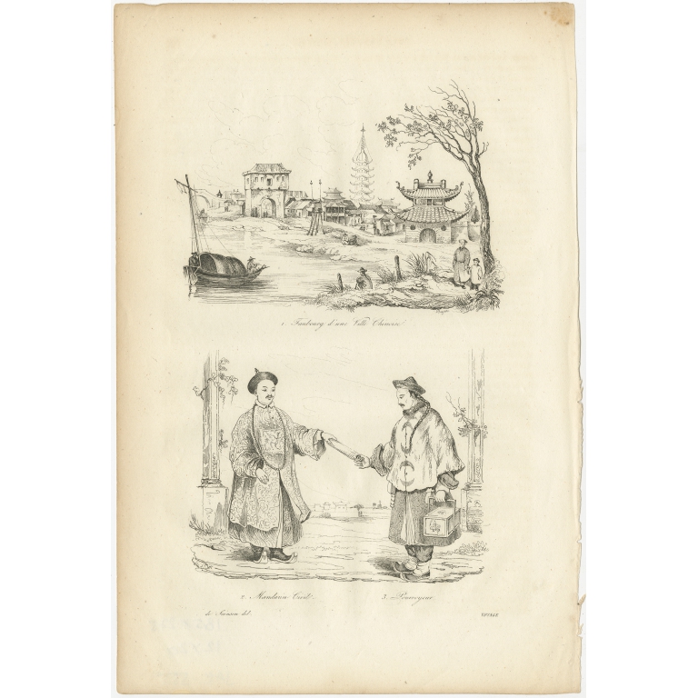 Antique Print of a Chinese Village and Mandarin Civil Servant by Dumont d'Urville (1834)