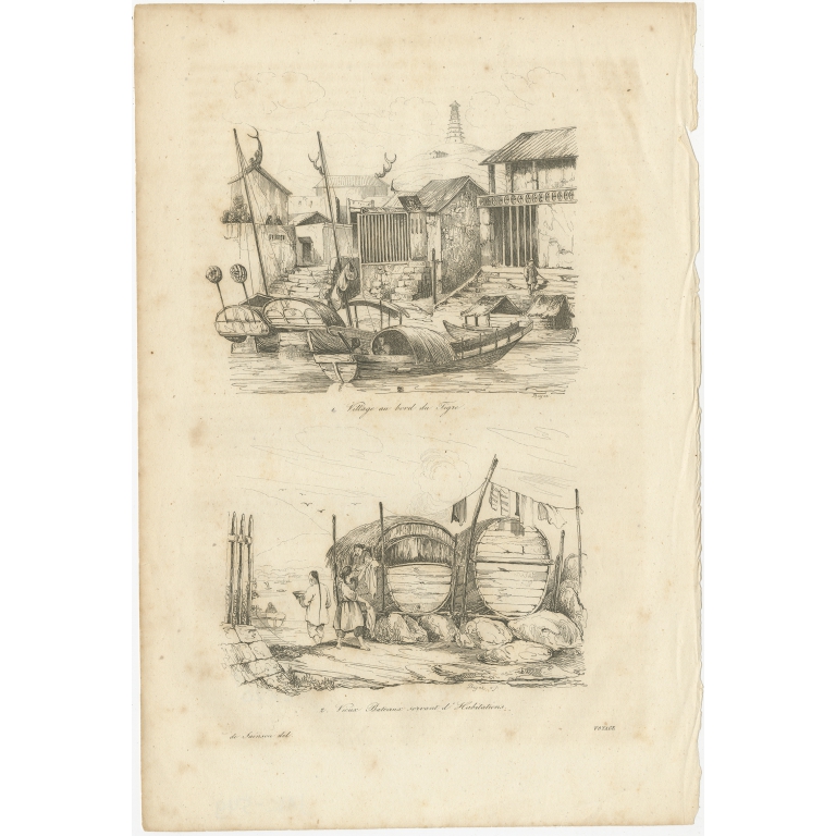 Antique Print of Chinese Boats and a Chinese Village by Dumont d'Urville (1834)