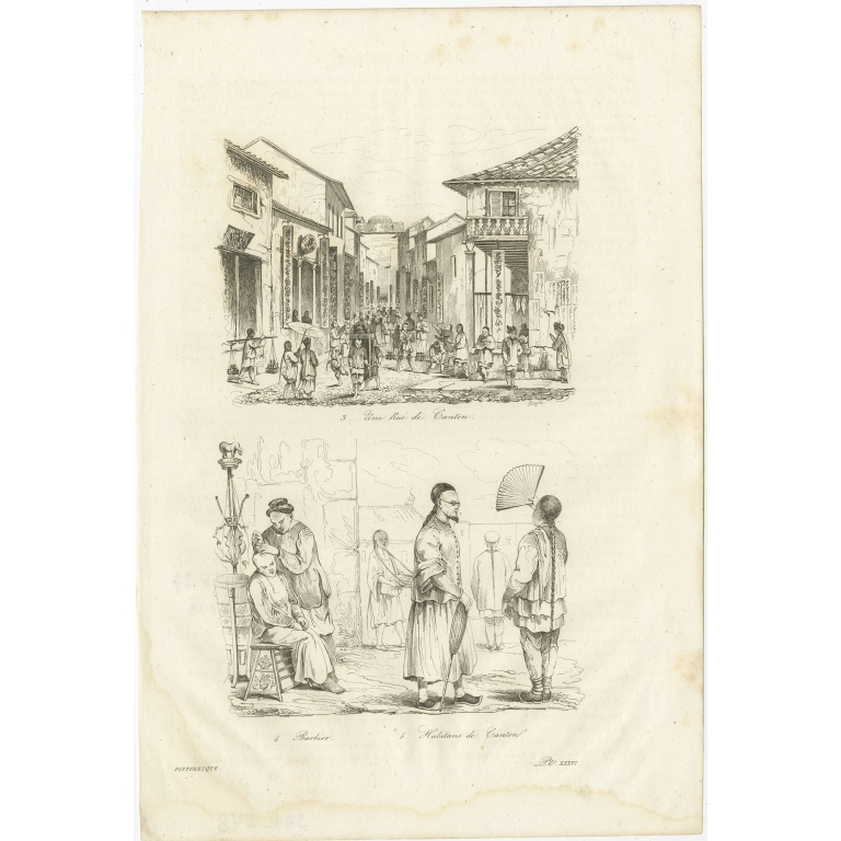 Antique Print of a Street and Inhabitants of Guangzhou by Dumont d'Urville (1834)