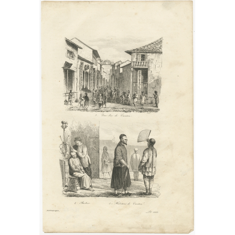 Antique Print of a Street and Inhabitants of Guangzhou by Dumont d'Urville (1834)