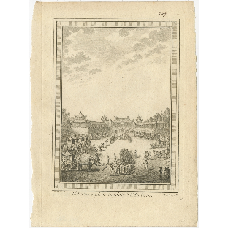 Antique Print of the Ambassador being received by the Chinese emperor by Chedel (1746)